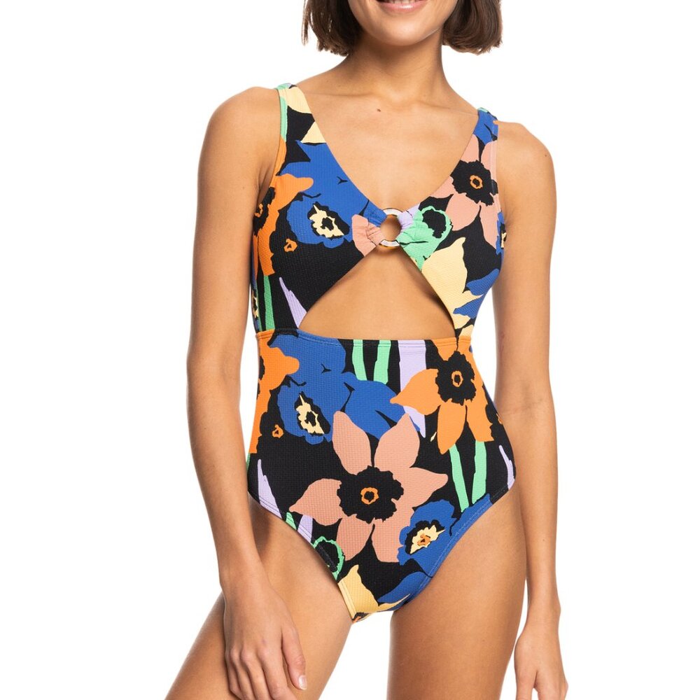 Roxy Color Jam Cutout One-Piece Swimsuit Black Anthracite Flower Jammin XS